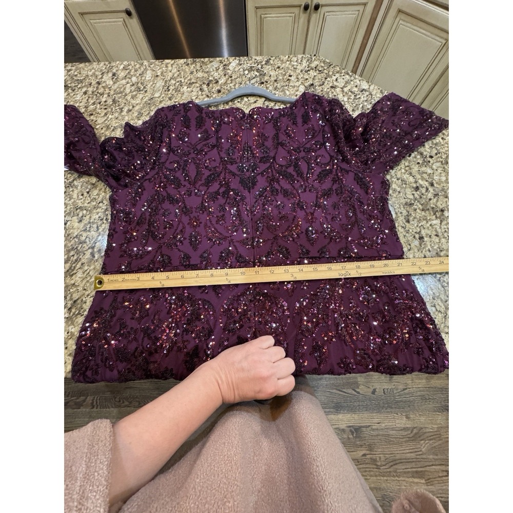 Adrianna Papell Plus Size Long Sleeve Stretch Sequin Mermaid Gown In Cassis - Picture 10 of 14